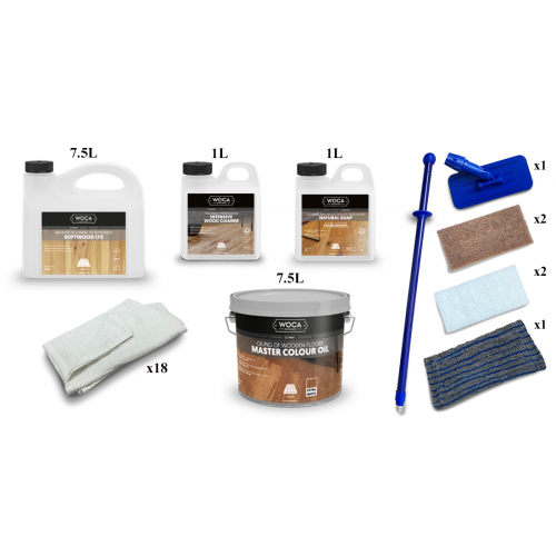 Kit Saving: DC002 (d) Woca Softwood Lye & Woca Master Colour Oil 118 extra white floor, Work by hand 36 to 55m2  (DC)